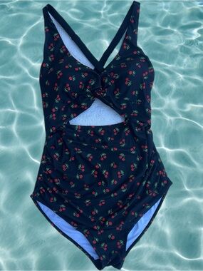 Cherry-Print One-Piece Swimsuit - Black/Red